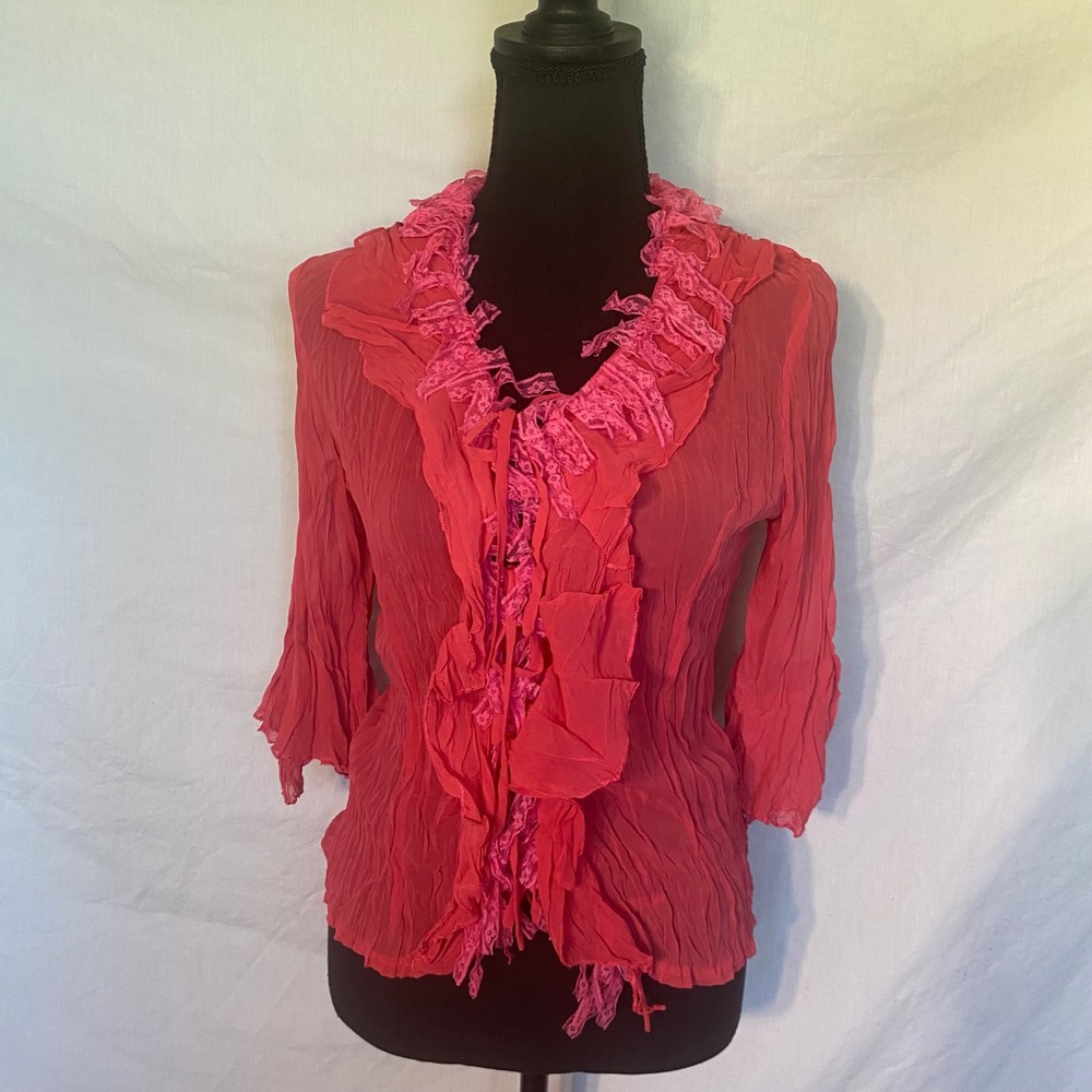 L'Payee Coral Pink Crinkle Ruffle‎ Lace Tie Front Blouse 3/4 Sleeve Top Medium